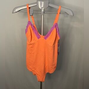 NWT‎ Yitty Orange and Purple Lace Trim Bodysuit size Large